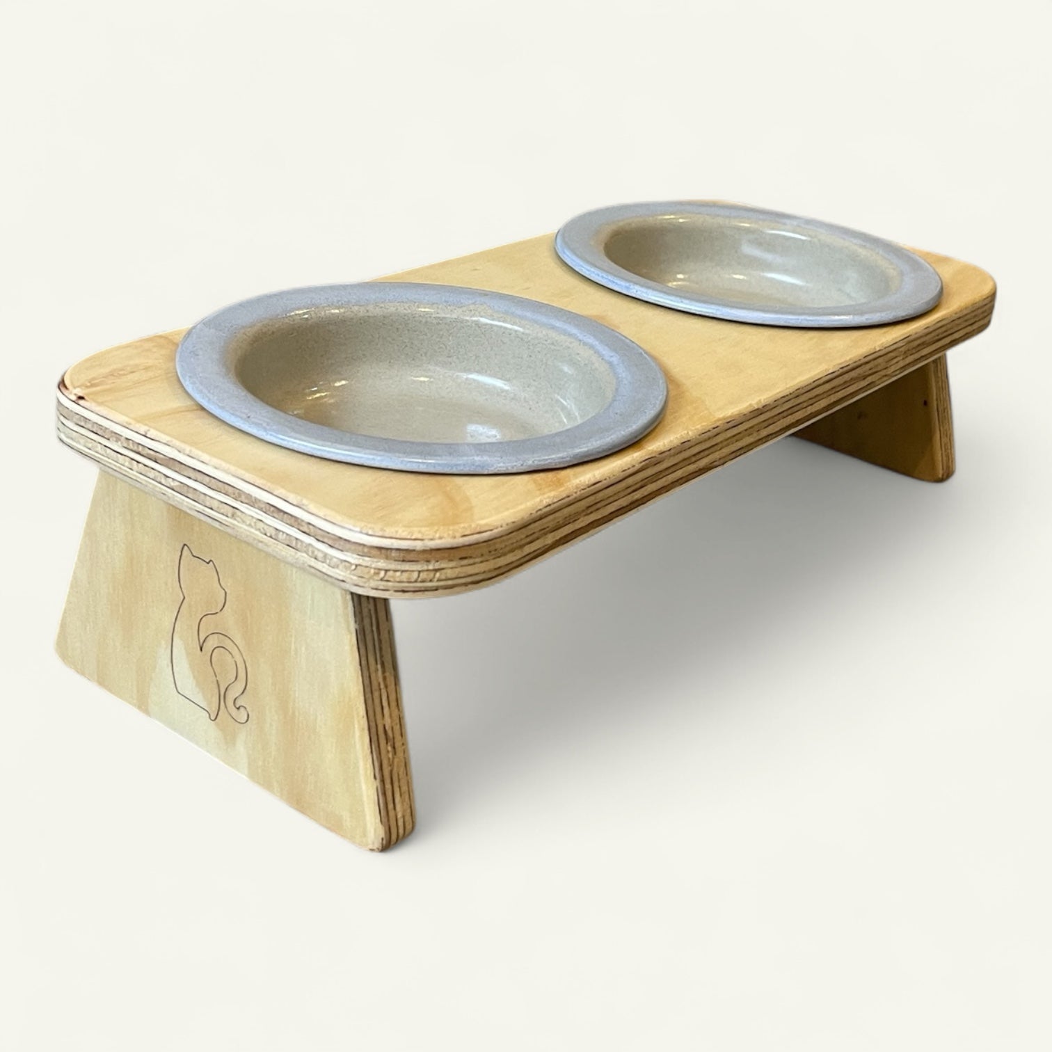 Comedero elevado doble para gato – diseño en madera y cerámica