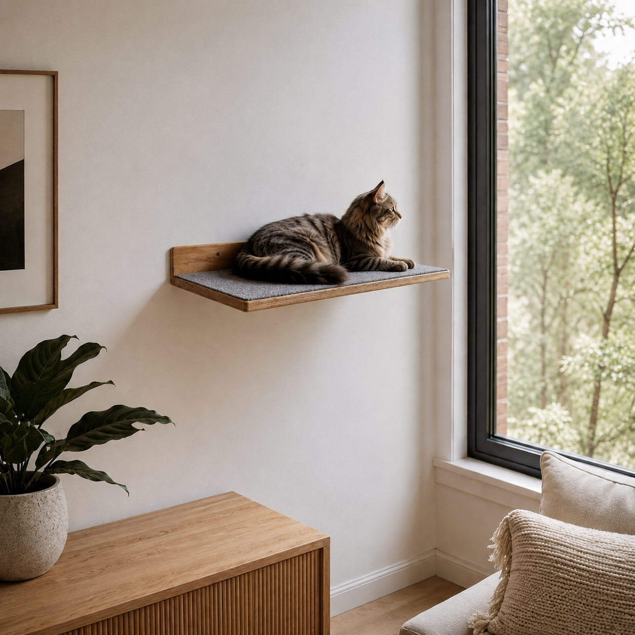 Repisa para Gatos de Pared 60 × 30 cm | Madera Natural con Tapete Antideslizante