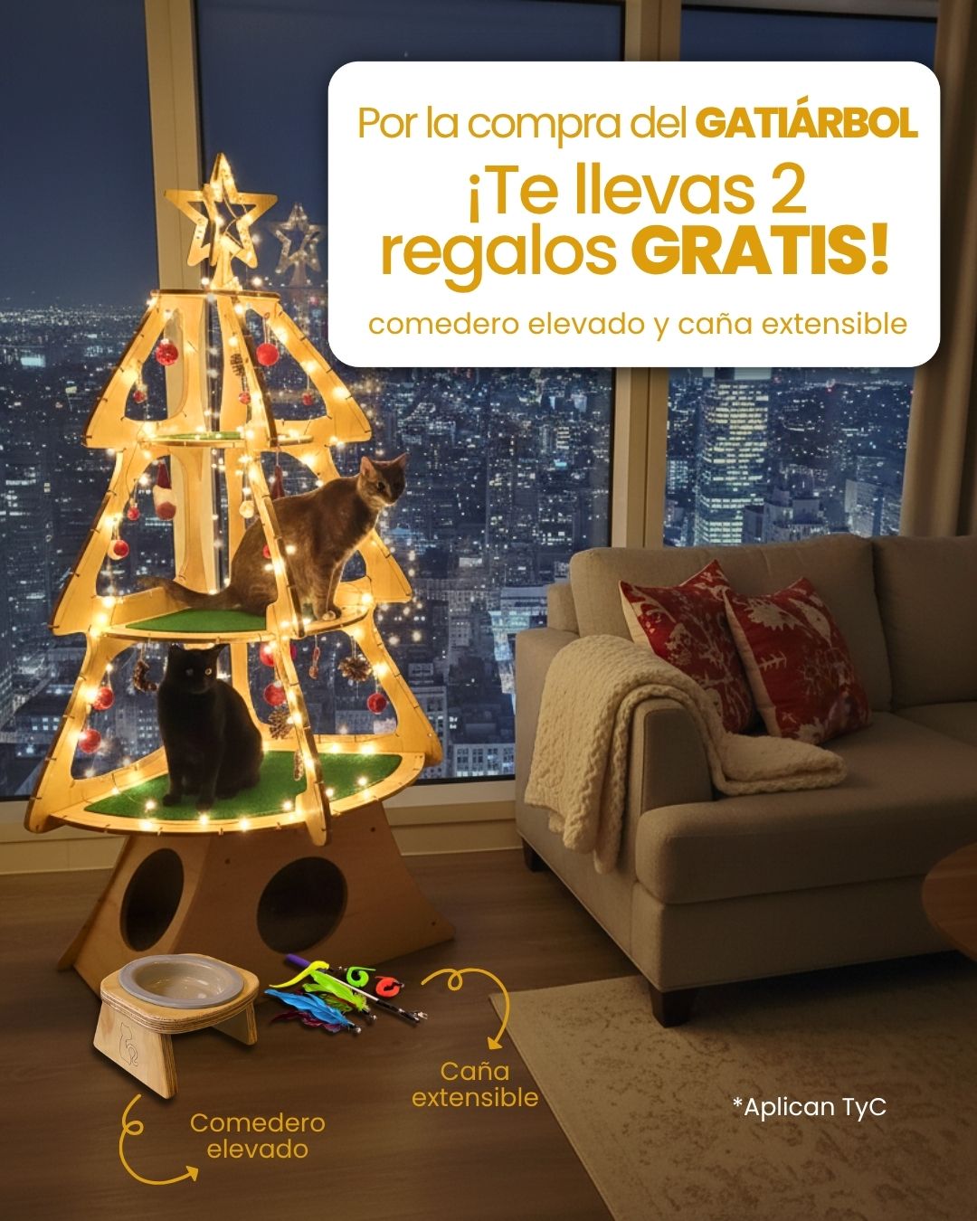 Gatiárbol de Navidad + Oferta Back Lleva GRATIS Comedor elevado y Caña Extensible