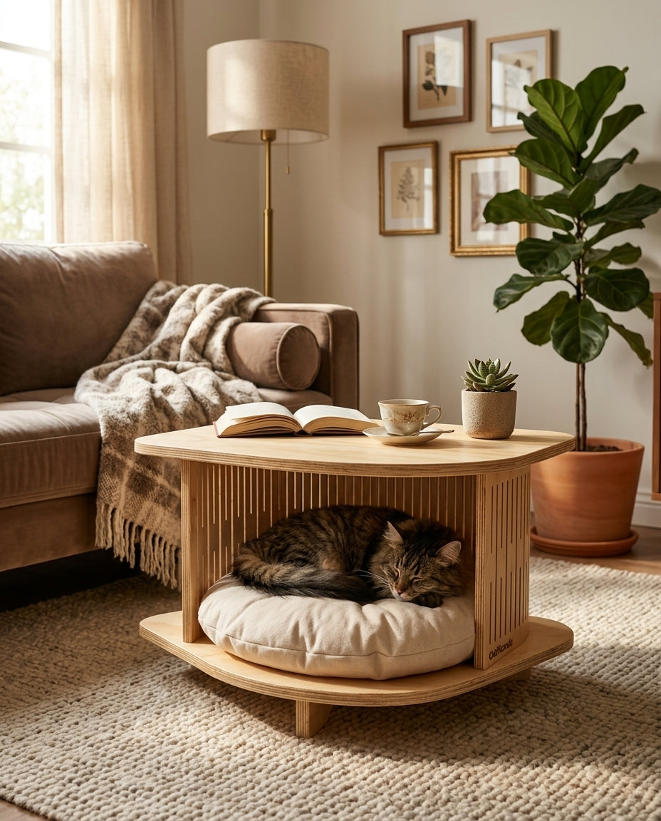 Mesa auxiliar Horus con gato descansando en una sala