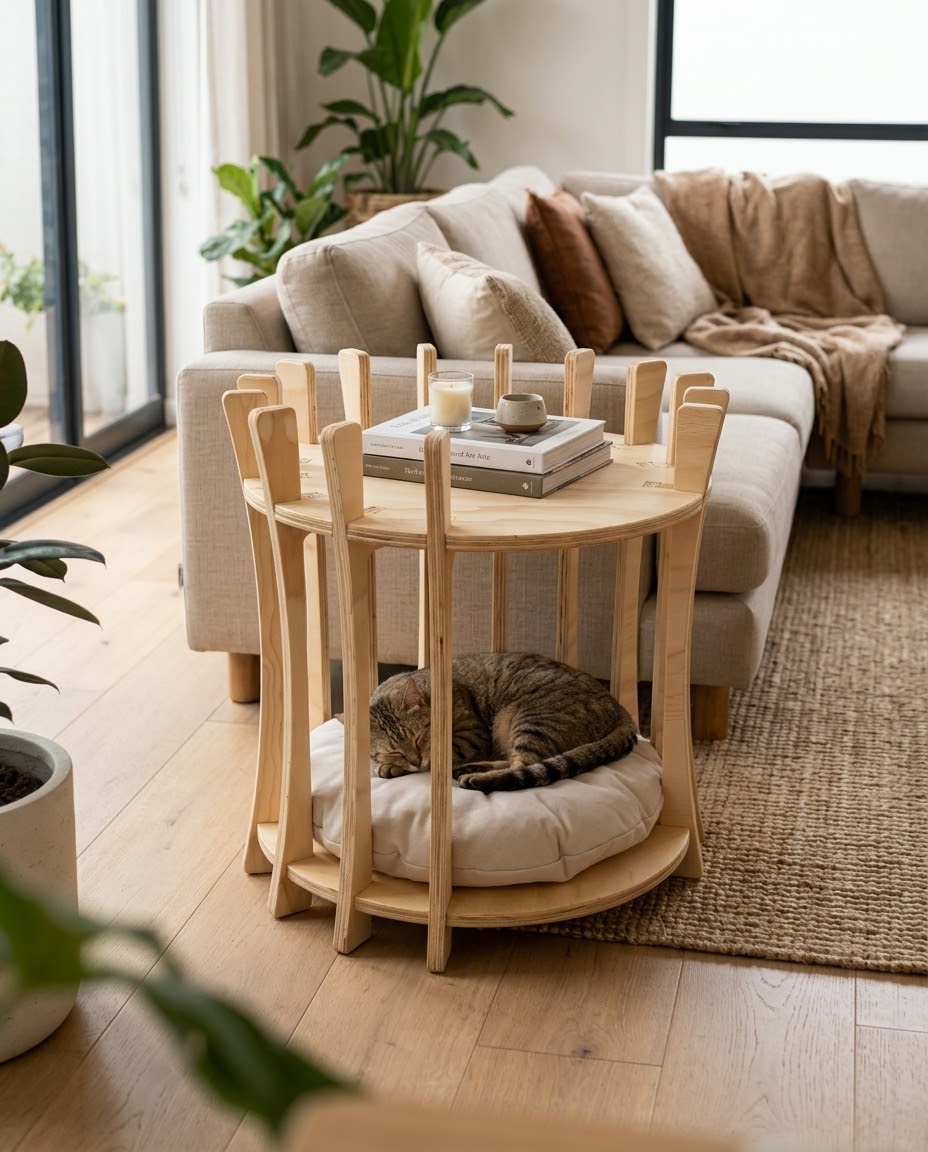 Oslo Mesa ambientada en sala con gato descansando